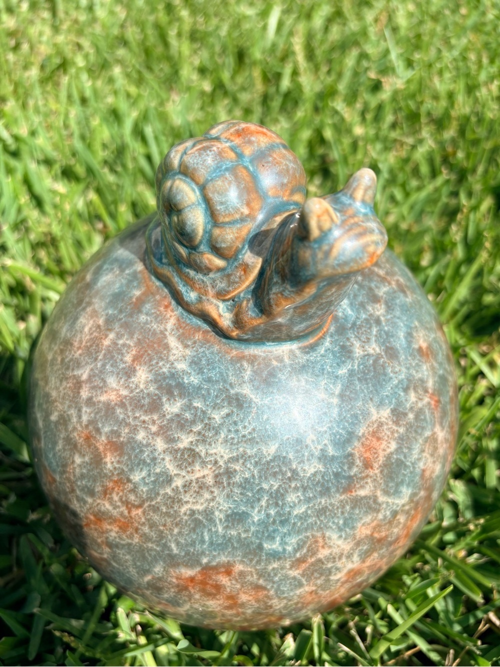 Handmade Drip Glazed Ceramic Snail Garden Sphere | Artisan Yard Decor | 9" Tall - Picture 2 of 9